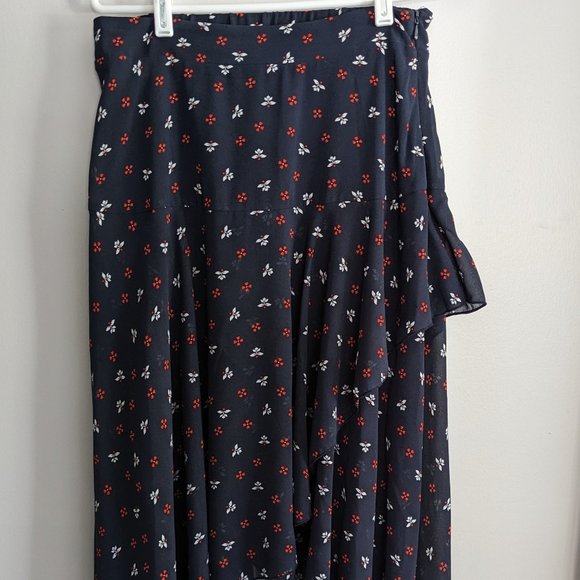 H&M Double Wrapover Chiffon Navy Blue Floral Skirt Women Size 10 - Picture 1 of 4